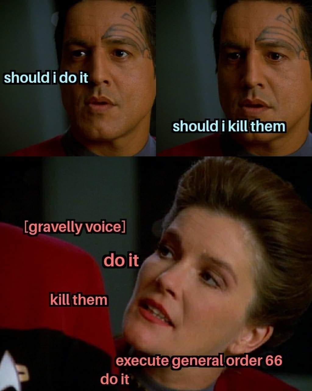 This meme is a play on a famous Star Trek quote, where Captain Kirk says "I find your lack of faith... disturbing" but replaces the words to make it sound like a dark, ominous, and violent threat. The text "I find your lack of... " is replaced with "I find your... " is followed by a series of violent and dark threats, such as "should I kill you?" "should I kill them?" and "should I kill you all?" The meme is a humorous and ironic take on the original quote, exaggerating its tone to be absurdly dark and menacing.